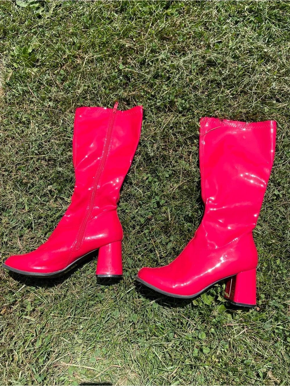 Red Patent Mid-Calf Block Heel Boots - Women